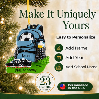 Make it yours: add name, school name and year to the personalized soccer gear christmas ornament