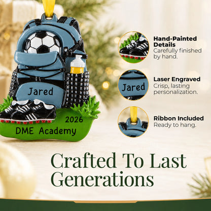 Hand-painted details and laser engraved personalization on the soccer gear christmas ornament, ribbon included