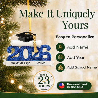 Personalized Class of 2026 blue graduation Christmas ornament showing name, year and school-name personalization