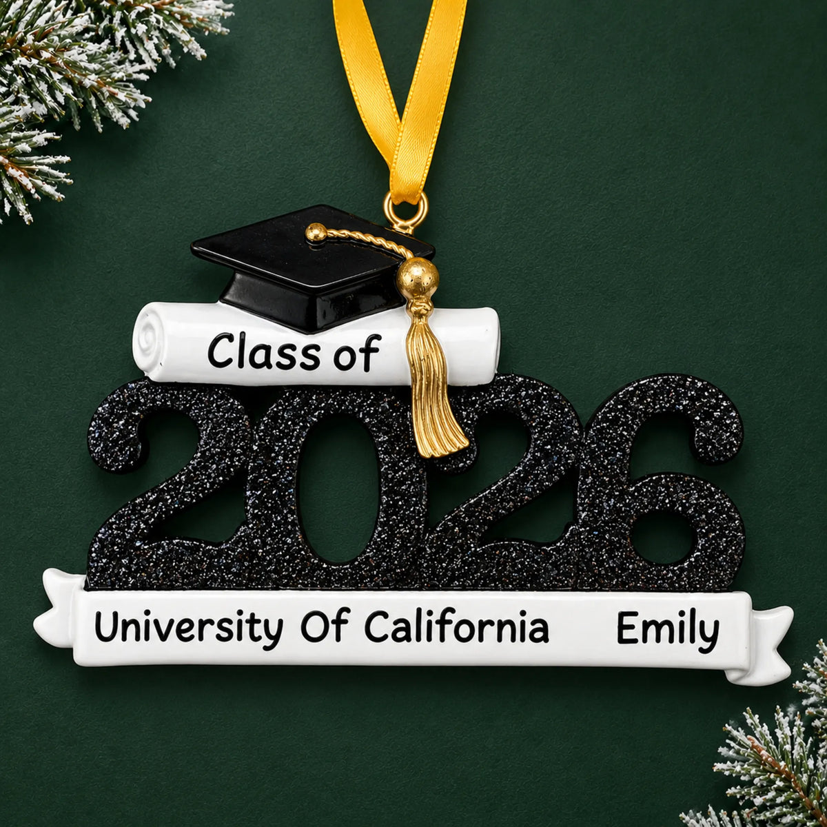Personalized Class of 2026 graduation Christmas ornament in black glitter with grad cap, diploma and school name banner