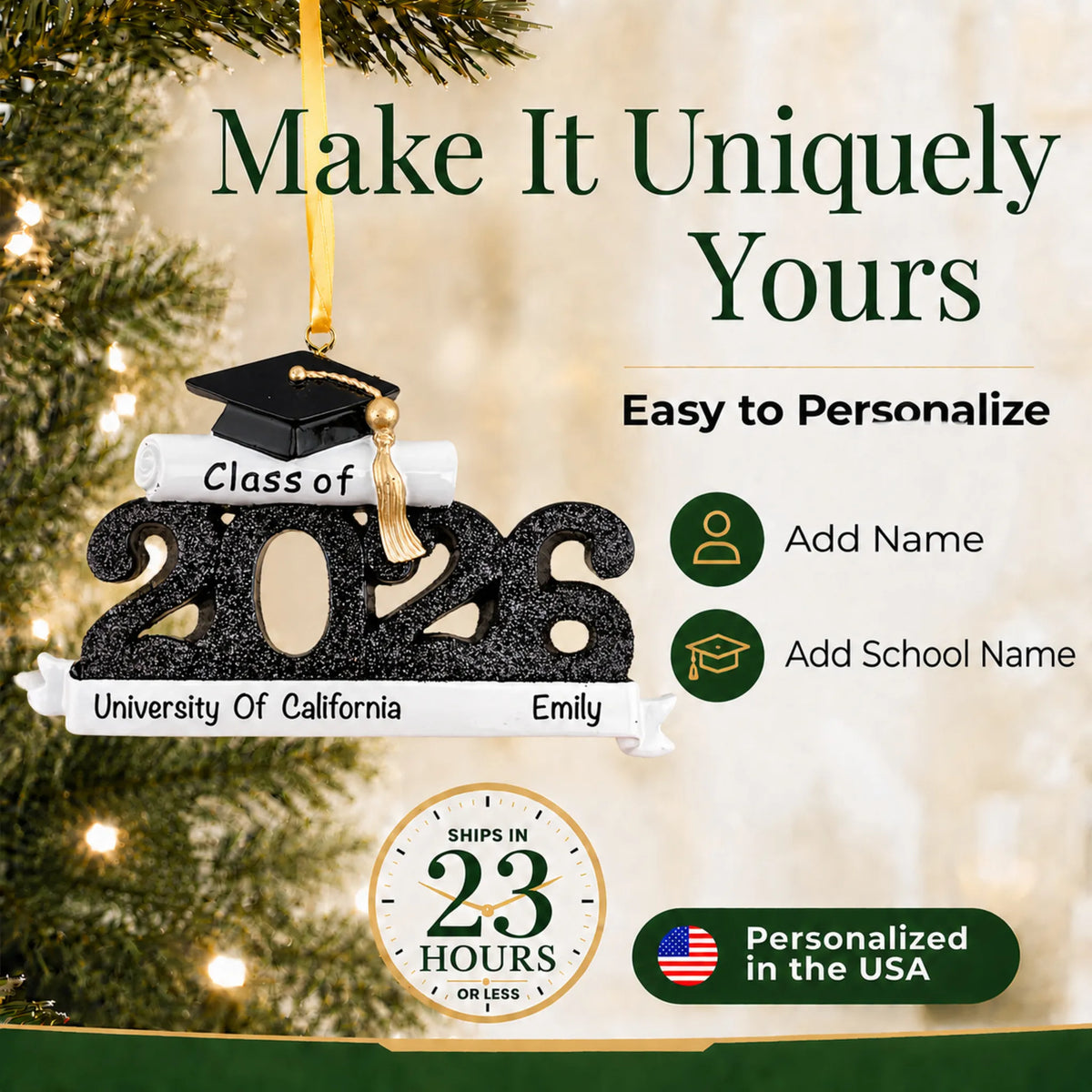 Personalized Class of 2026 black graduation Christmas ornament showing name, year and school-name personalization