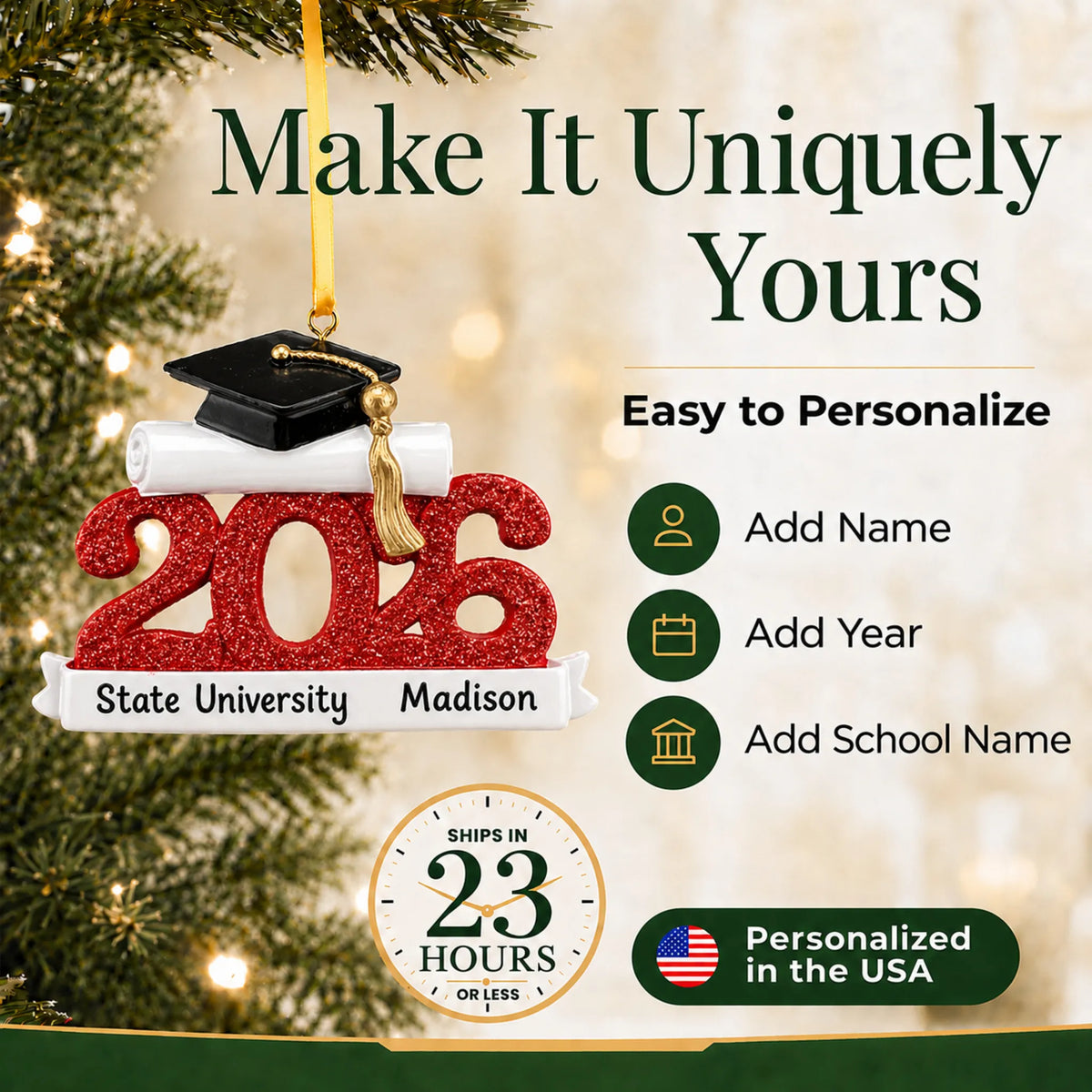 Personalized Class of 2026 red graduation Christmas ornament showing name, year and school-name personalization