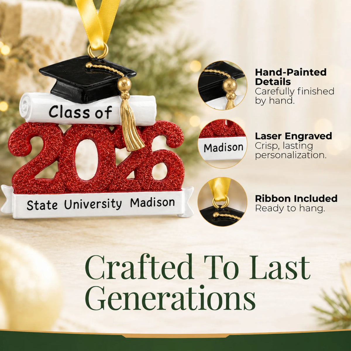 Close-up of the Class of 2026 red graduation ornament's hand-painted details, laser-engraved banner and hanging ribbon
