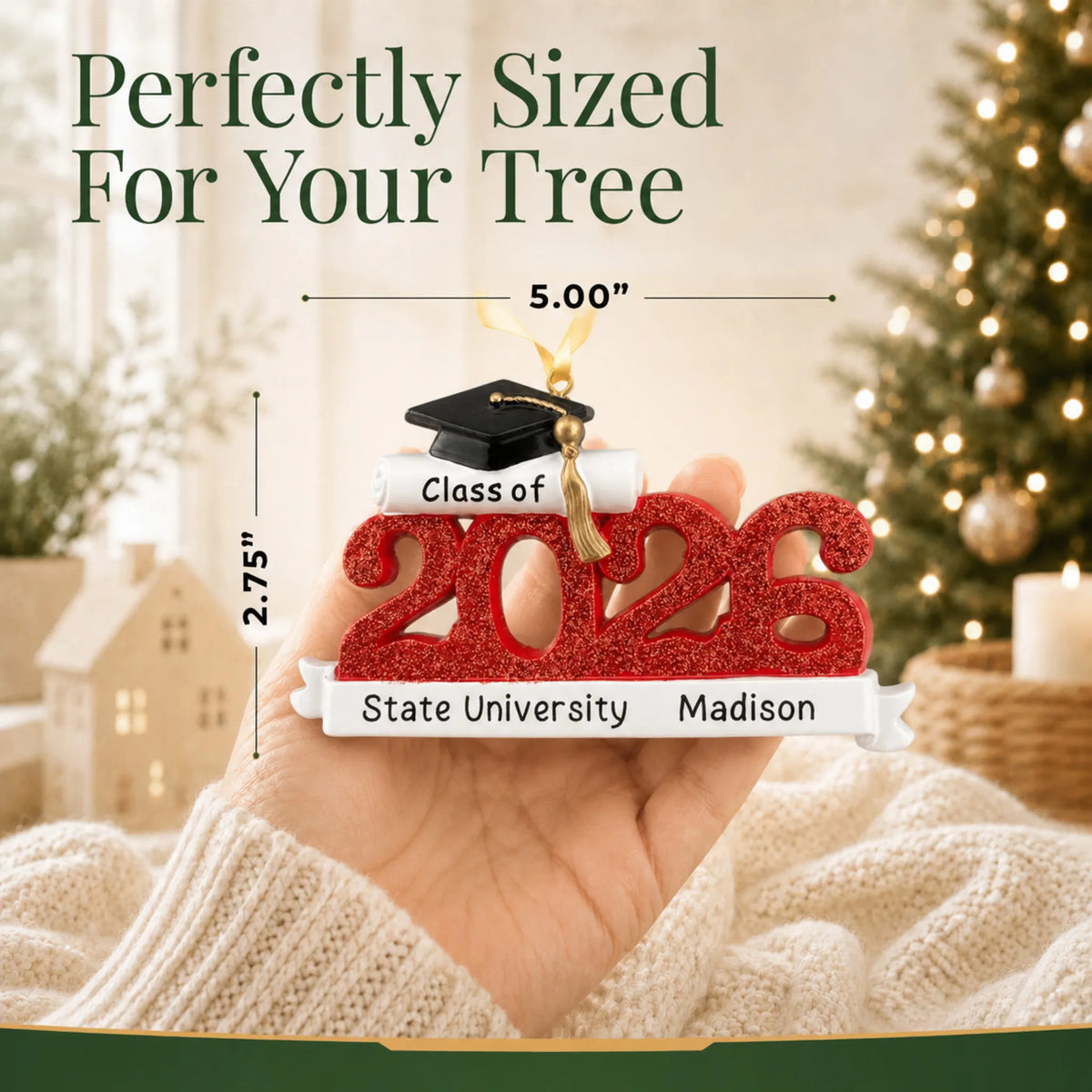Personalized Class of 2026 red graduation Christmas ornament held in hand, about 5 by 2.75 inches for the tree