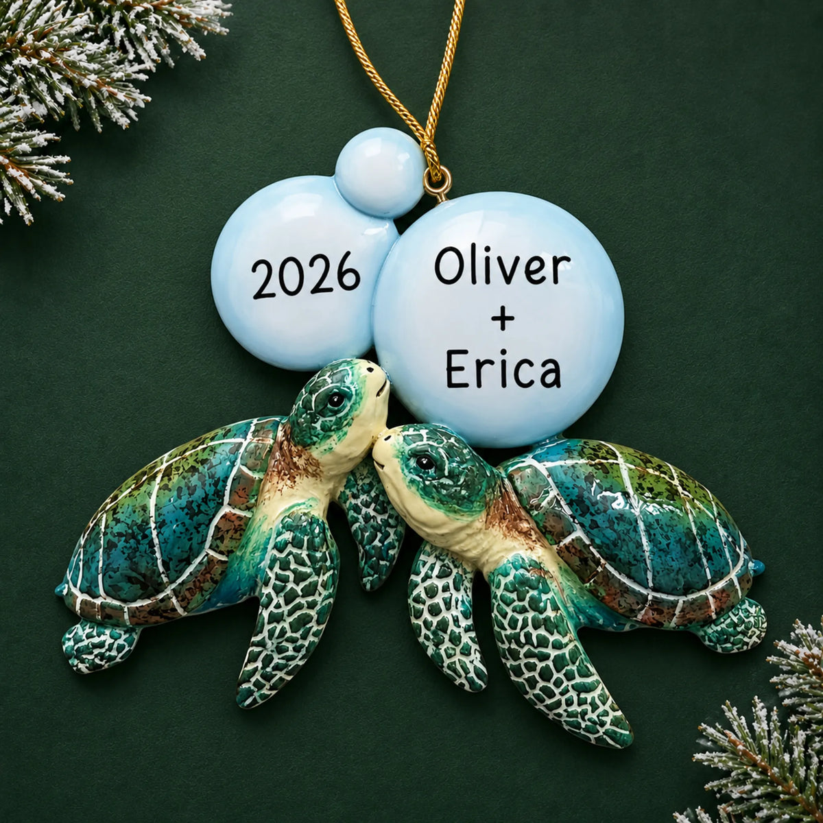 Personalized sea turtle couple christmas ornament on a dark green pine background