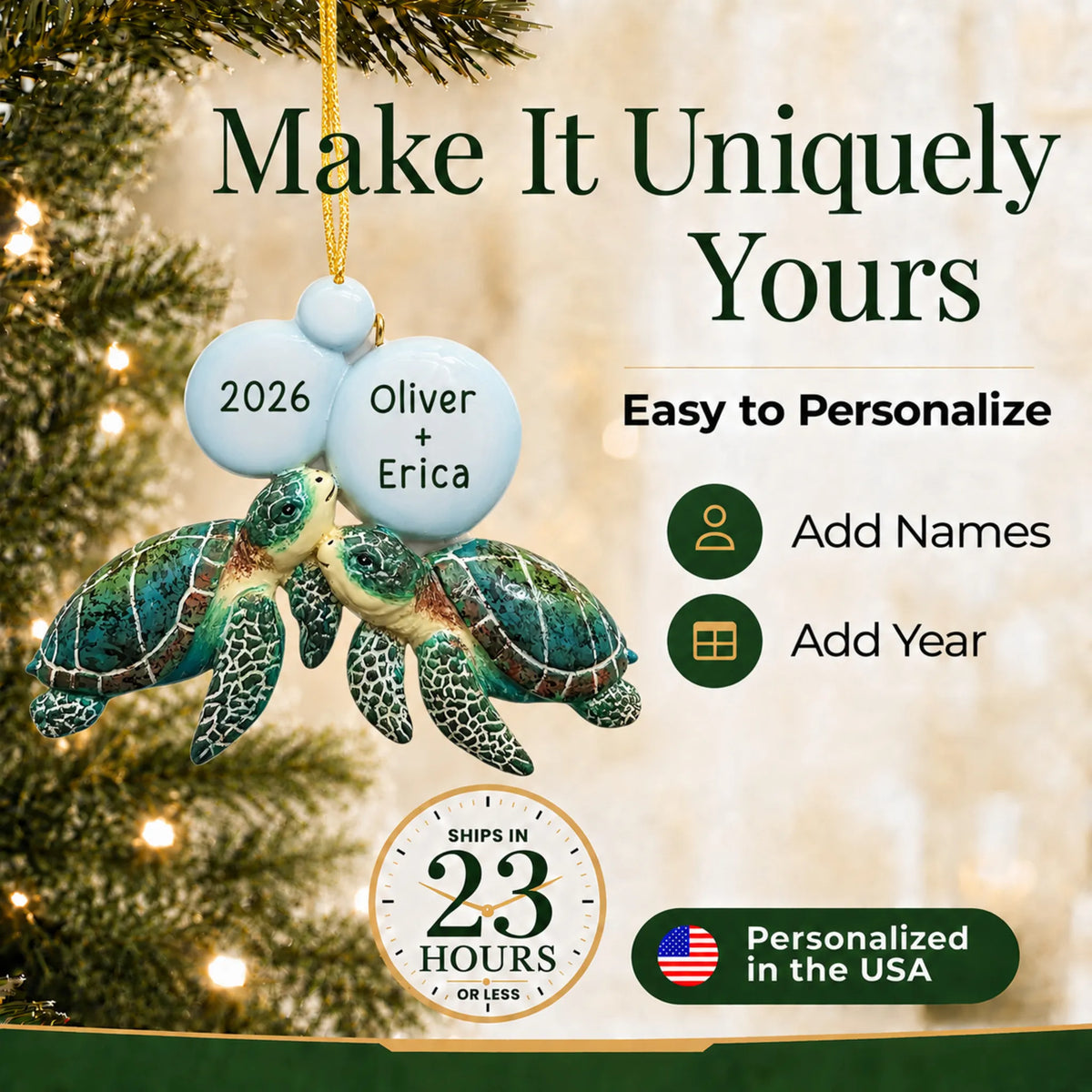 Make it yours: add names to the personalized sea turtle couple christmas ornament