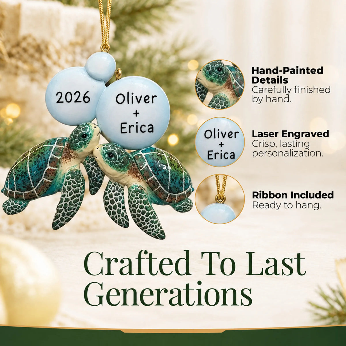 Hand-painted details and laser engraved personalization on the sea turtle couple christmas ornament, ribbon included