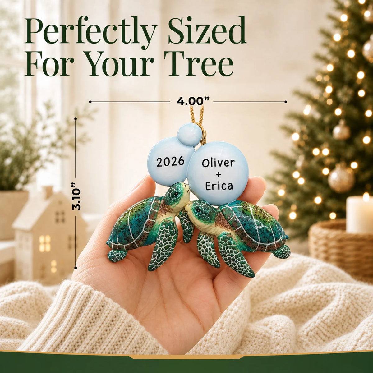 Size guide: the personalized sea turtle couple christmas ornament shown in hand next to a Christmas tree
