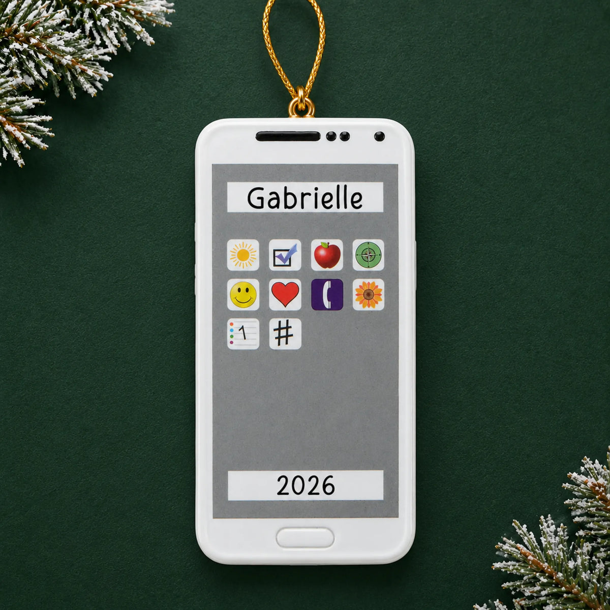 Personalized white smartphone christmas ornament on a dark green pine background