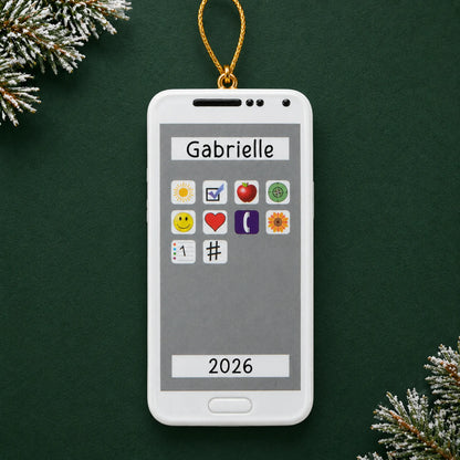 Personalized white smartphone christmas ornament on a dark green pine background