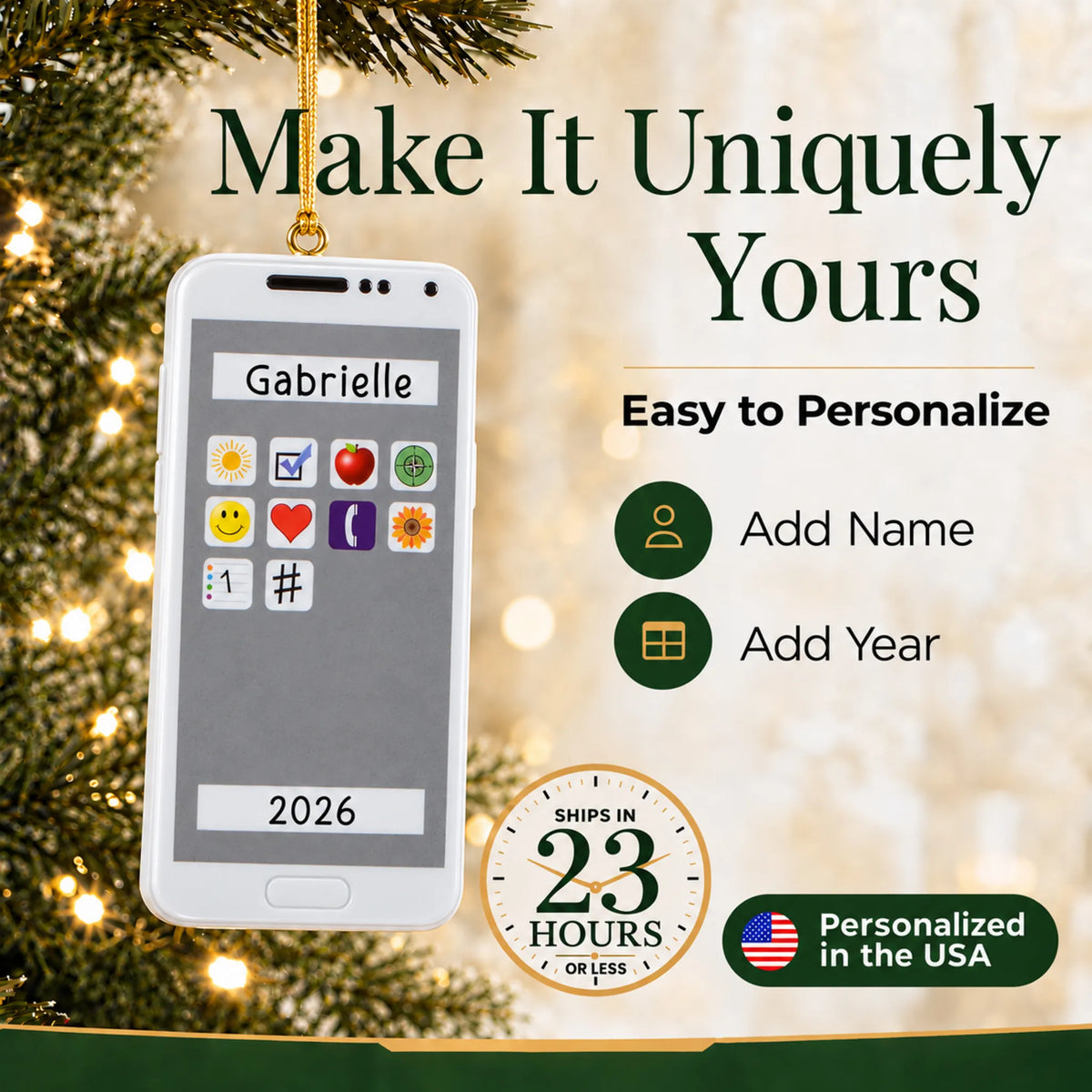 Make it yours: add name and year to the personalized white smartphone christmas ornament
