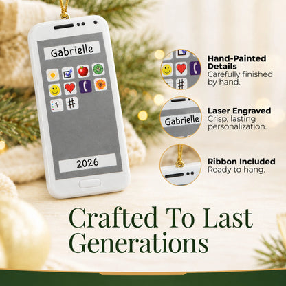 Hand-painted details and laser engraved personalization on the white smartphone christmas ornament, ribbon included