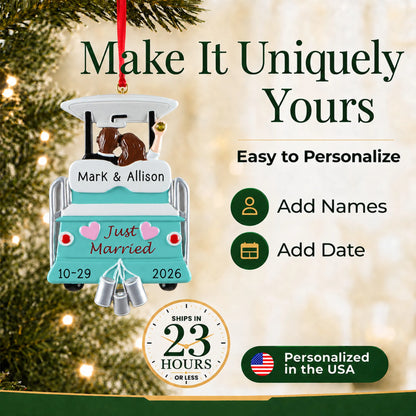 Make it yours: personalize the Just Married Wedding christmas ornament with names and the date