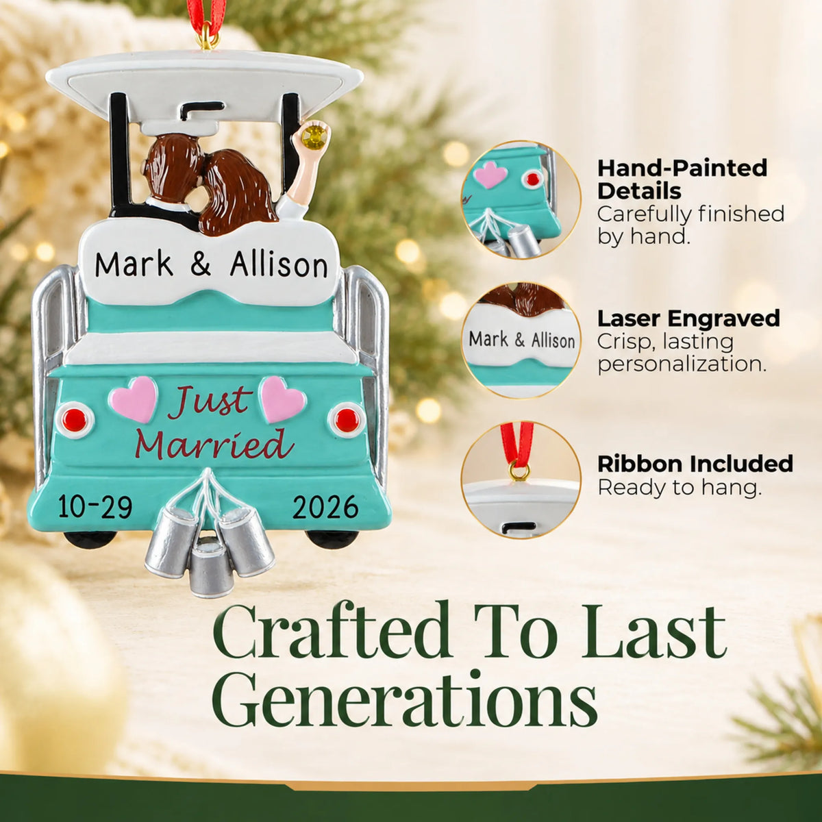 Hand-painted, laser engraved Just Married Wedding christmas ornament, ribbon included