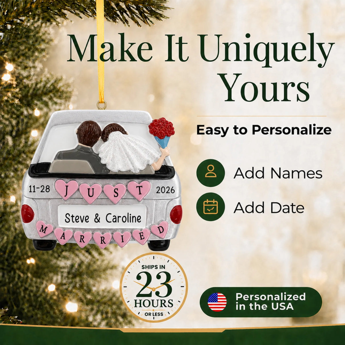 Make it yours: personalize the Just Married Car Silver christmas ornament with names and the date