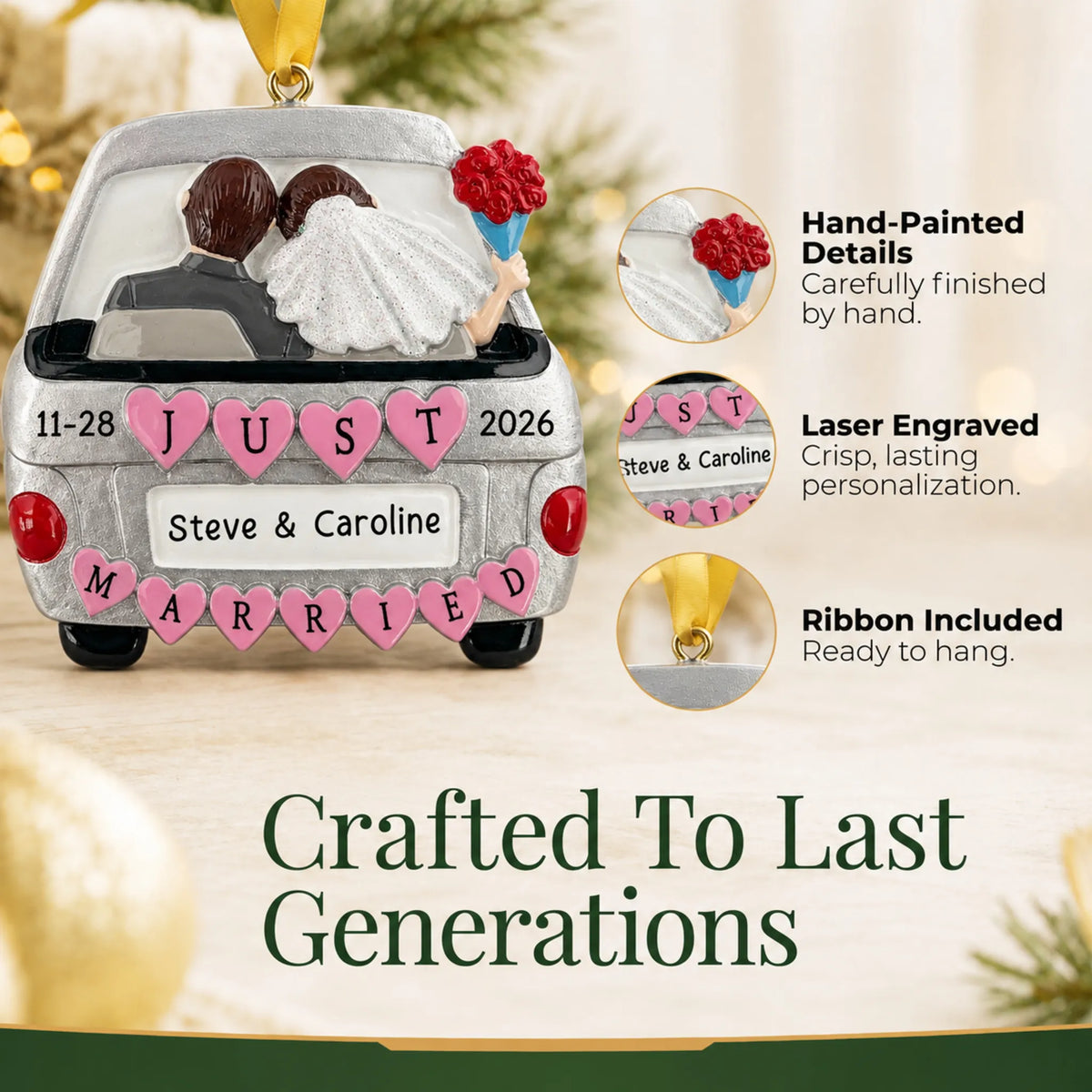Hand-painted, laser engraved Just Married Car Silver christmas ornament, ribbon included