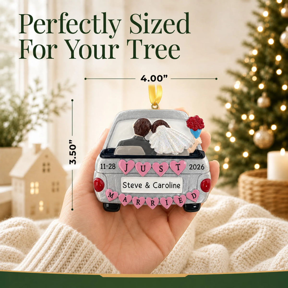 Size guide: the personalized Just Married Car Silver christmas ornament is 4.00 in wide by 3.50 in tall, shown in hand