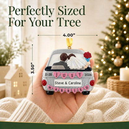 Size guide: the personalized Just Married Car Silver christmas ornament is 4.00 in wide by 3.50 in tall, shown in hand