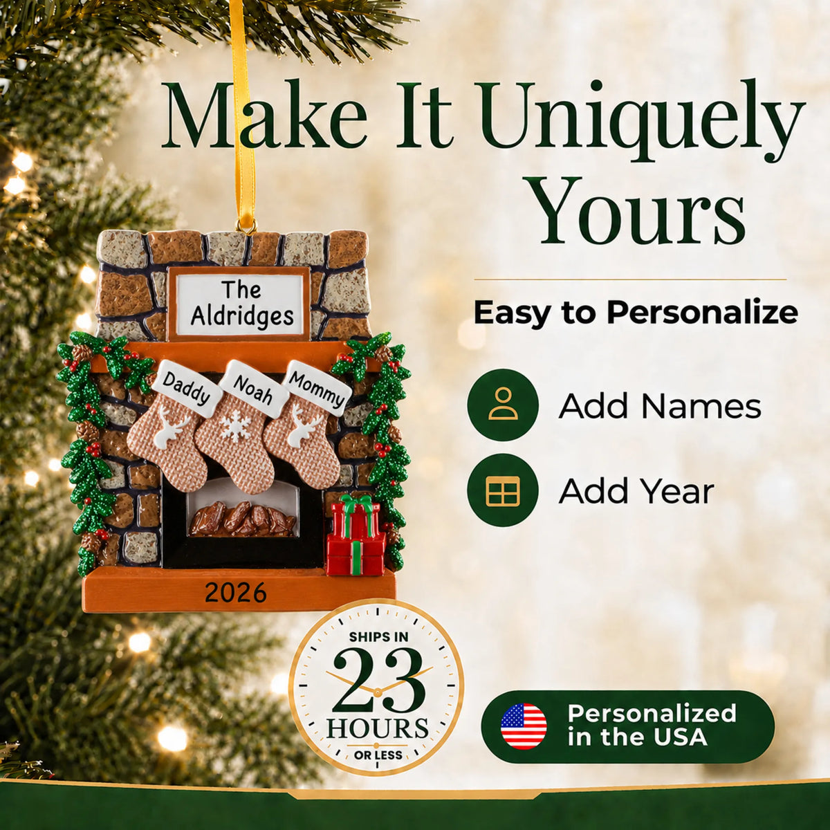 Make it yours: add names and year to the personalized rustic fireplace family of 3 christmas ornament