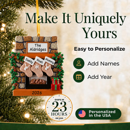 Make it yours: add names and year to the personalized rustic fireplace family of 3 christmas ornament