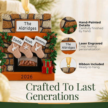 Hand-painted, laser engraved rustic fireplace family of 3 christmas ornament, ribbon included