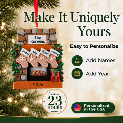 Make it yours: add names and year to the personalized rustic fireplace family of 4 christmas ornament