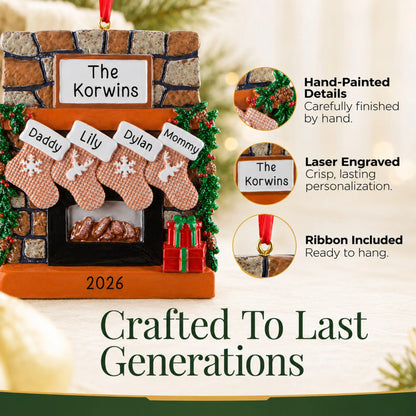 Hand-painted, laser engraved rustic fireplace family of 4 christmas ornament, ribbon included