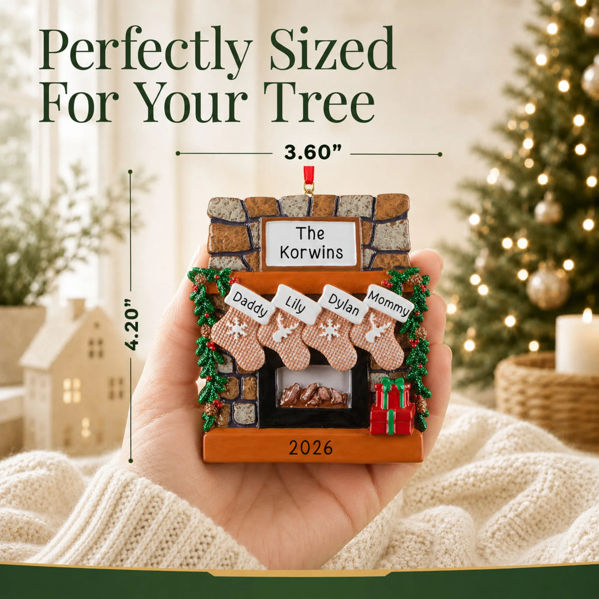 Size guide: the personalized rustic fireplace family of 4 christmas ornament is 3.60 in wide by 4.20 in tall, shown in hand