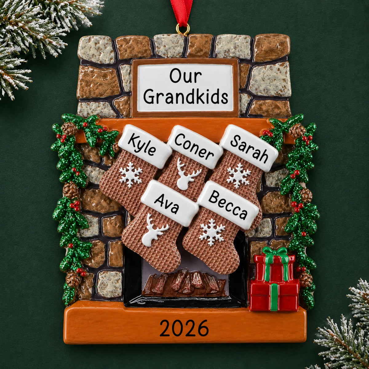 Personalized rustic fireplace family of 5 christmas ornament on a dark green pine background