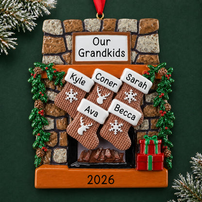Personalized rustic fireplace family of 5 christmas ornament on a dark green pine background
