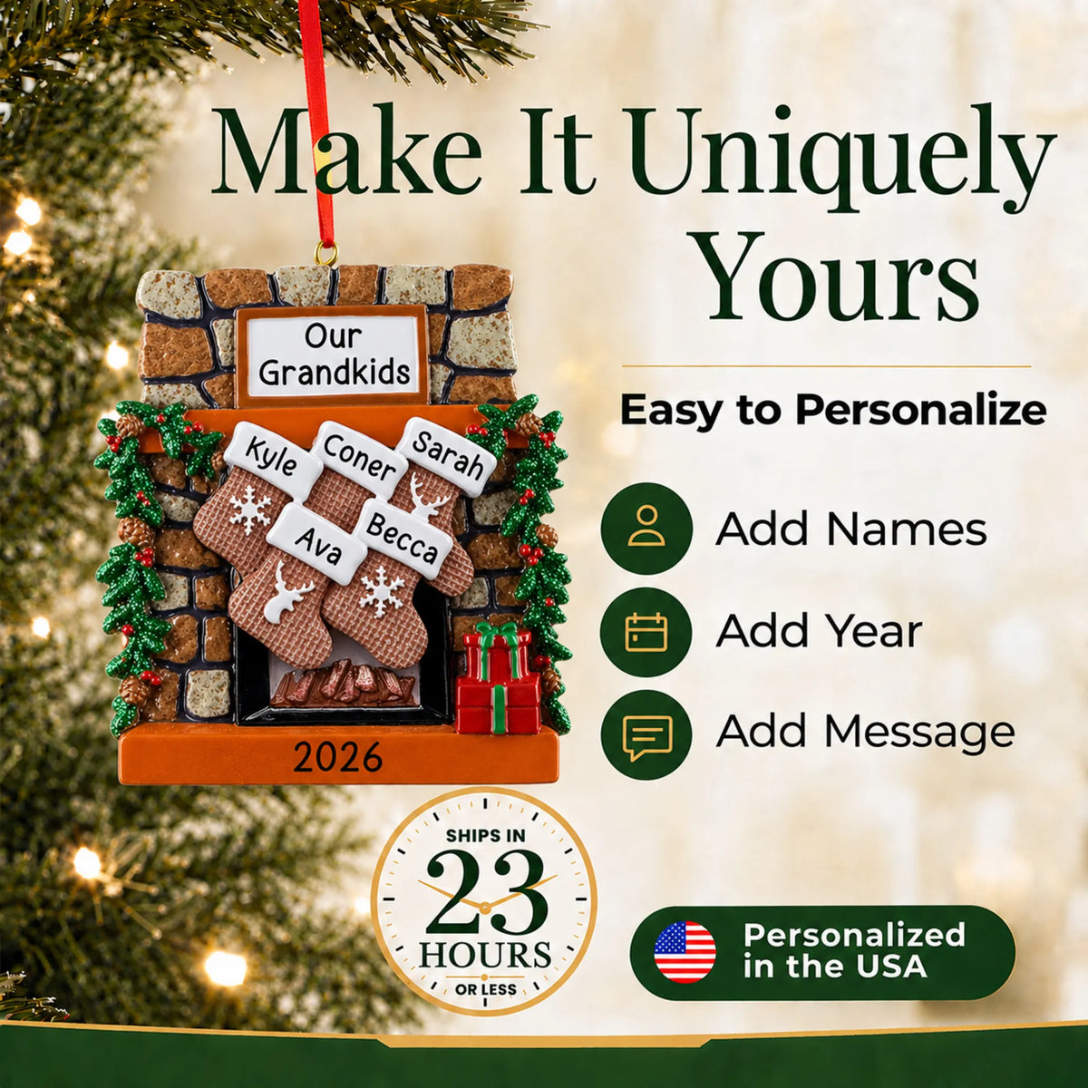Make it yours: add names and year to the personalized rustic fireplace family of 5 christmas ornament