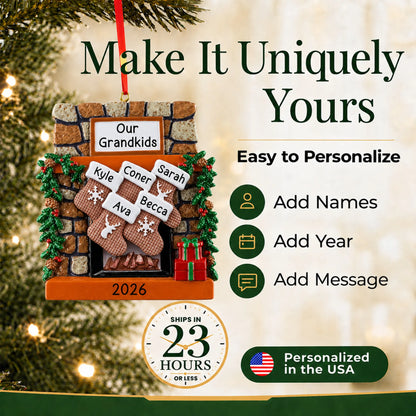 Make it yours: add names and year to the personalized rustic fireplace family of 5 christmas ornament