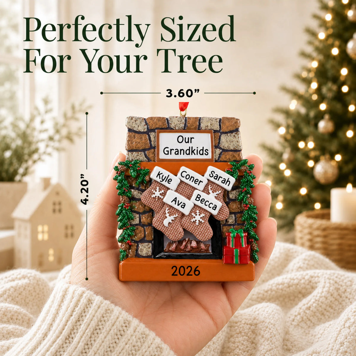 Size guide: the personalized rustic fireplace family of 5 christmas ornament is 3.60 in wide by 4.20 in tall, shown in hand
