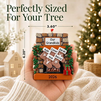 Size guide: the personalized rustic fireplace family of 5 christmas ornament is 3.60 in wide by 4.20 in tall, shown in hand
