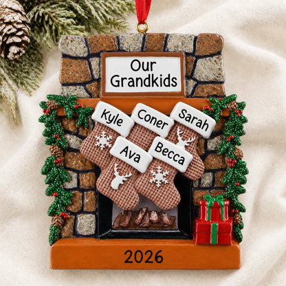 Personalized rustic fireplace family of 5 christmas ornament laid on a soft white knit blanket