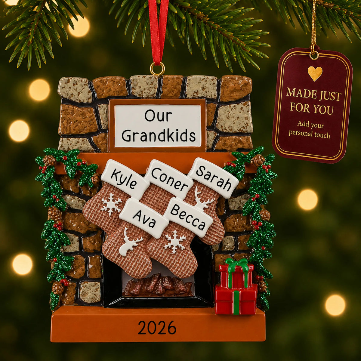Rustic fireplace family of 5 christmas ornament hanging on a lit Christmas tree with a Made Just For You gift tag