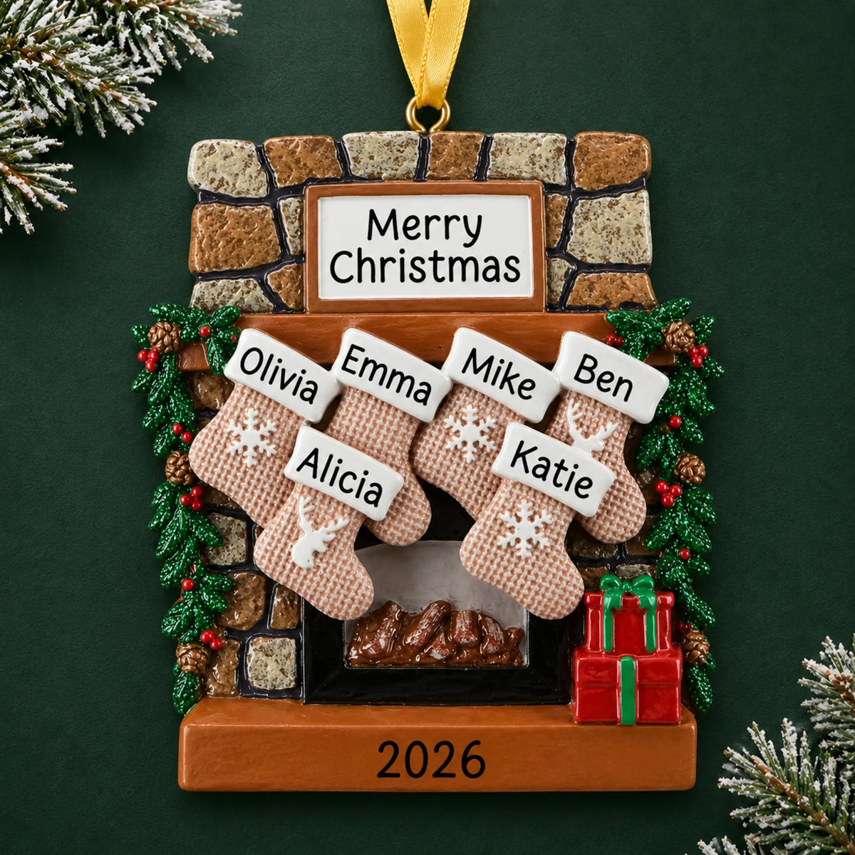 Personalized rustic fireplace family of 6 christmas ornament on a dark green pine background