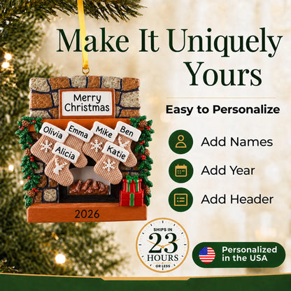 Make it yours: add names and year to the personalized rustic fireplace family of 6 christmas ornament