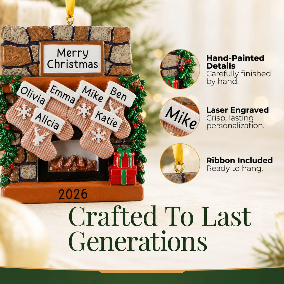 Hand-painted, laser engraved rustic fireplace family of 6 christmas ornament, ribbon included