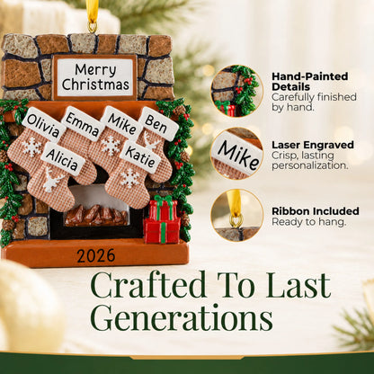 Hand-painted, laser engraved rustic fireplace family of 6 christmas ornament, ribbon included