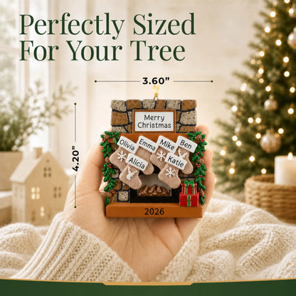 Size guide: the personalized rustic fireplace family of 6 christmas ornament is 3.60 in wide by 4.20 in tall, shown in hand