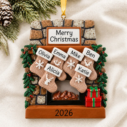 Personalized rustic fireplace family of 6 christmas ornament laid on a soft white knit blanket