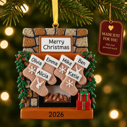 Rustic fireplace family of 6 christmas ornament hanging on a lit Christmas tree with a Made Just For You gift tag