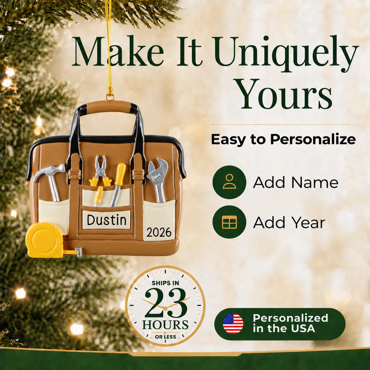 Make it yours: add name and year to the personalized tool bag handyman christmas ornament