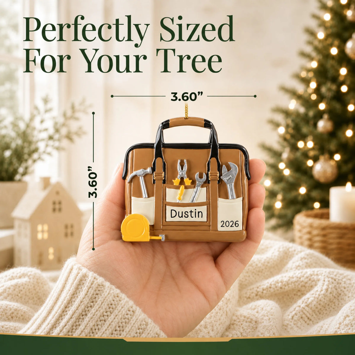 Size guide: the personalized tool bag handyman christmas ornament is 3.60 in wide by 3.60 in tall, shown in hand