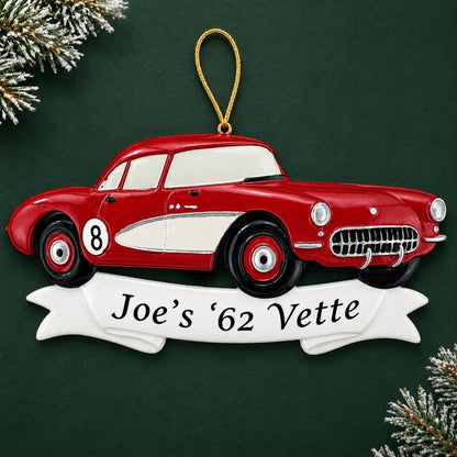 Personalized Classic Car christmas ornament on a dark green pine background