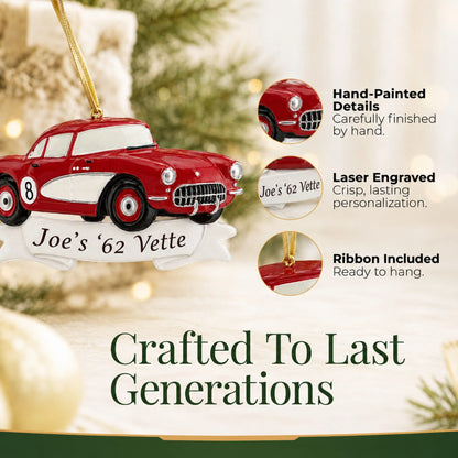 Hand-painted details and laser engraved personalization on the Classic Car christmas ornament, ribbon included