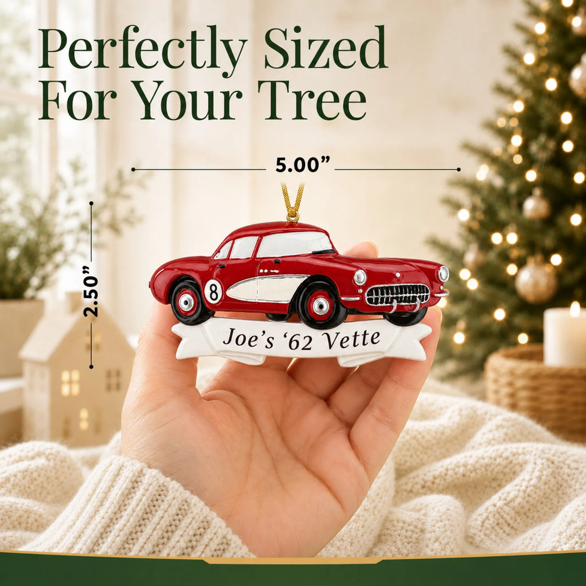 Size guide: the personalized Classic Car christmas ornament is 5.00 in wide by 2.50 in tall, shown in hand
