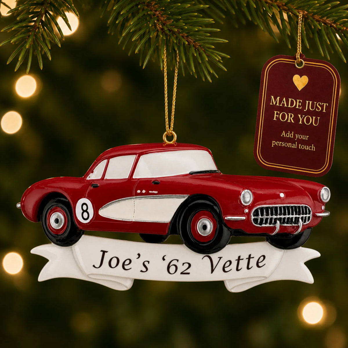 Classic Car christmas ornament hanging on a lit Christmas tree with a Made Just For You gift tag
