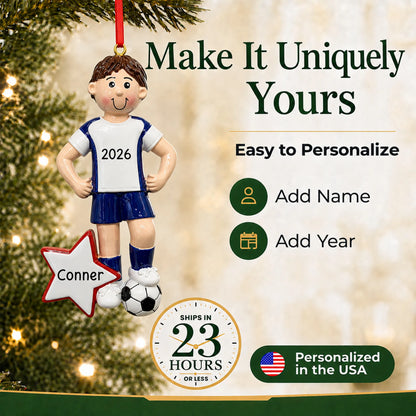 Make it yours: add name and year to the personalized soccer all-star boy christmas ornament
